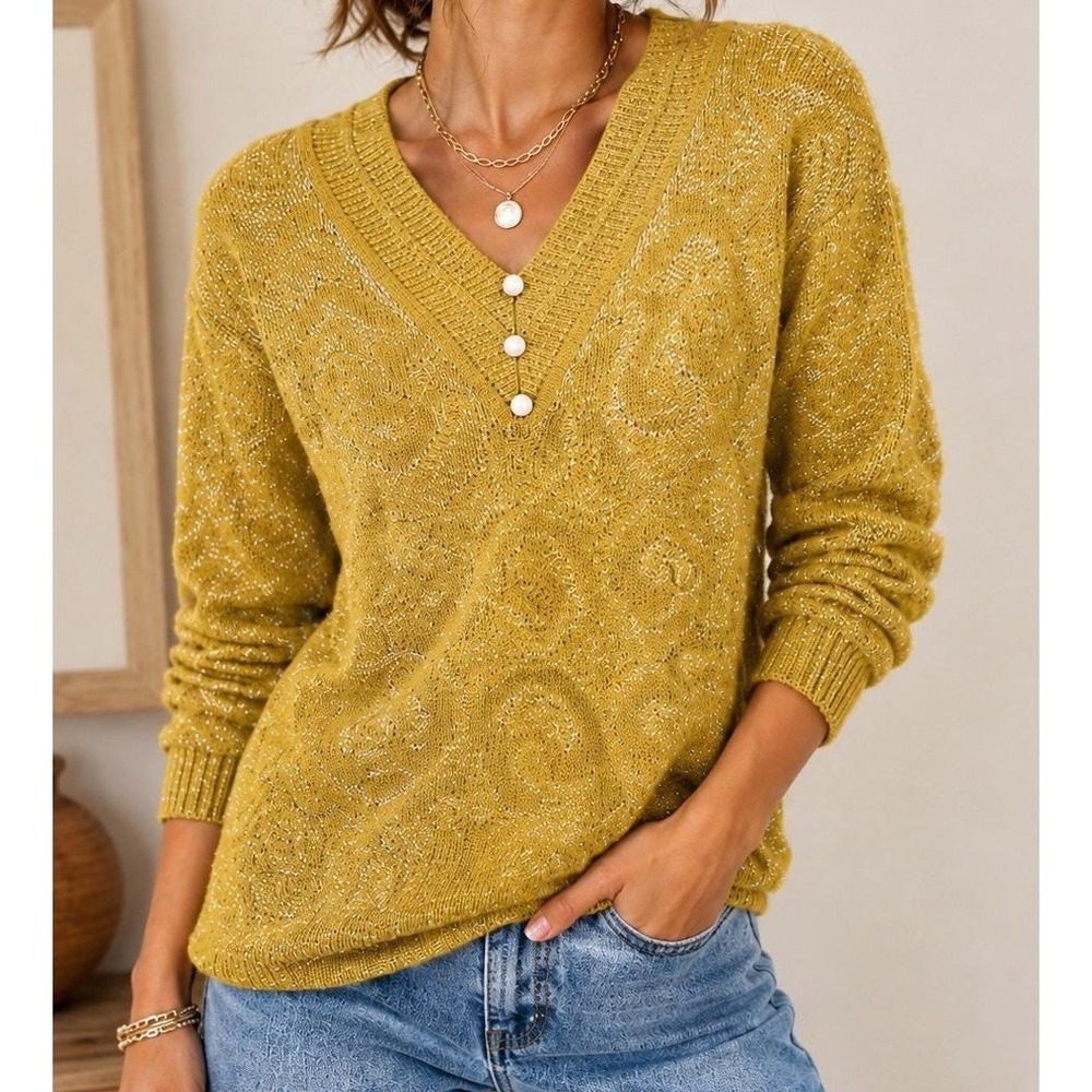 Womens Vintage 80s 90s Metallic Tinsel Abstract Knit V Neck Sweater Sz L Yellow